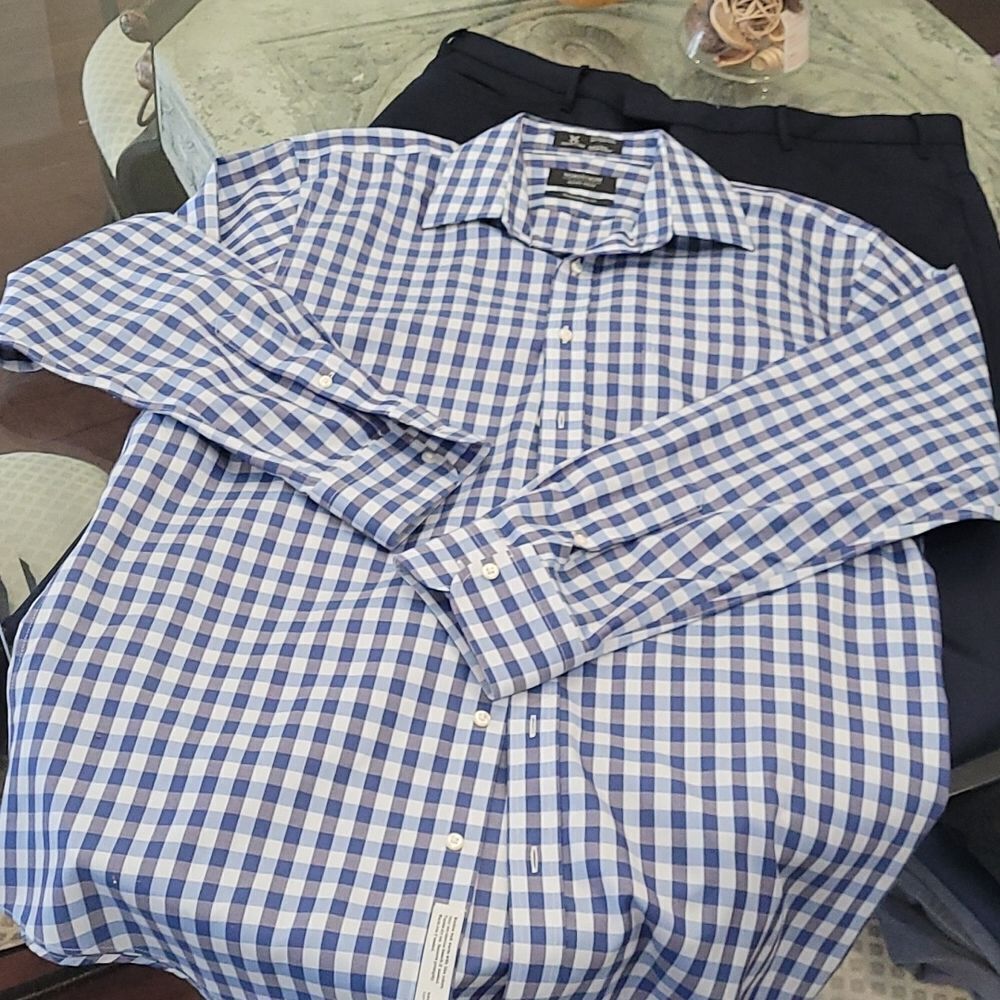 𝅺nordstrom Wrinkle Free Plaid Cotton Collar Shirt Large